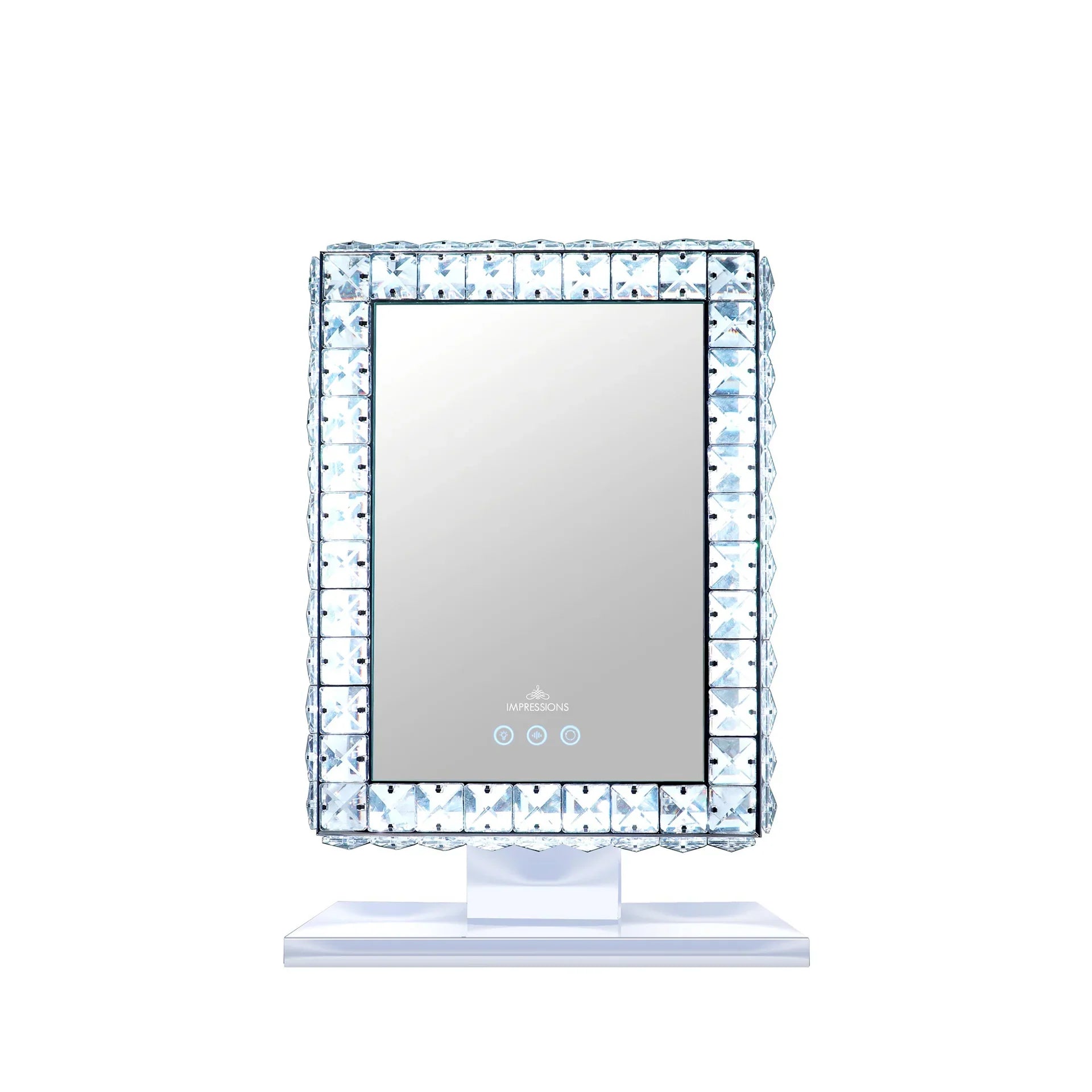LED Vanity WIth Crystal Faux Diamonds around the mirror that light up with a stand on a white backround.
