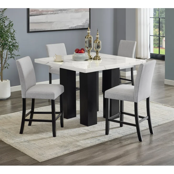 Photo of elegant marble and wood dining set in modern dining room, chairs are silver with the same dark brown wood that's on the tabe base