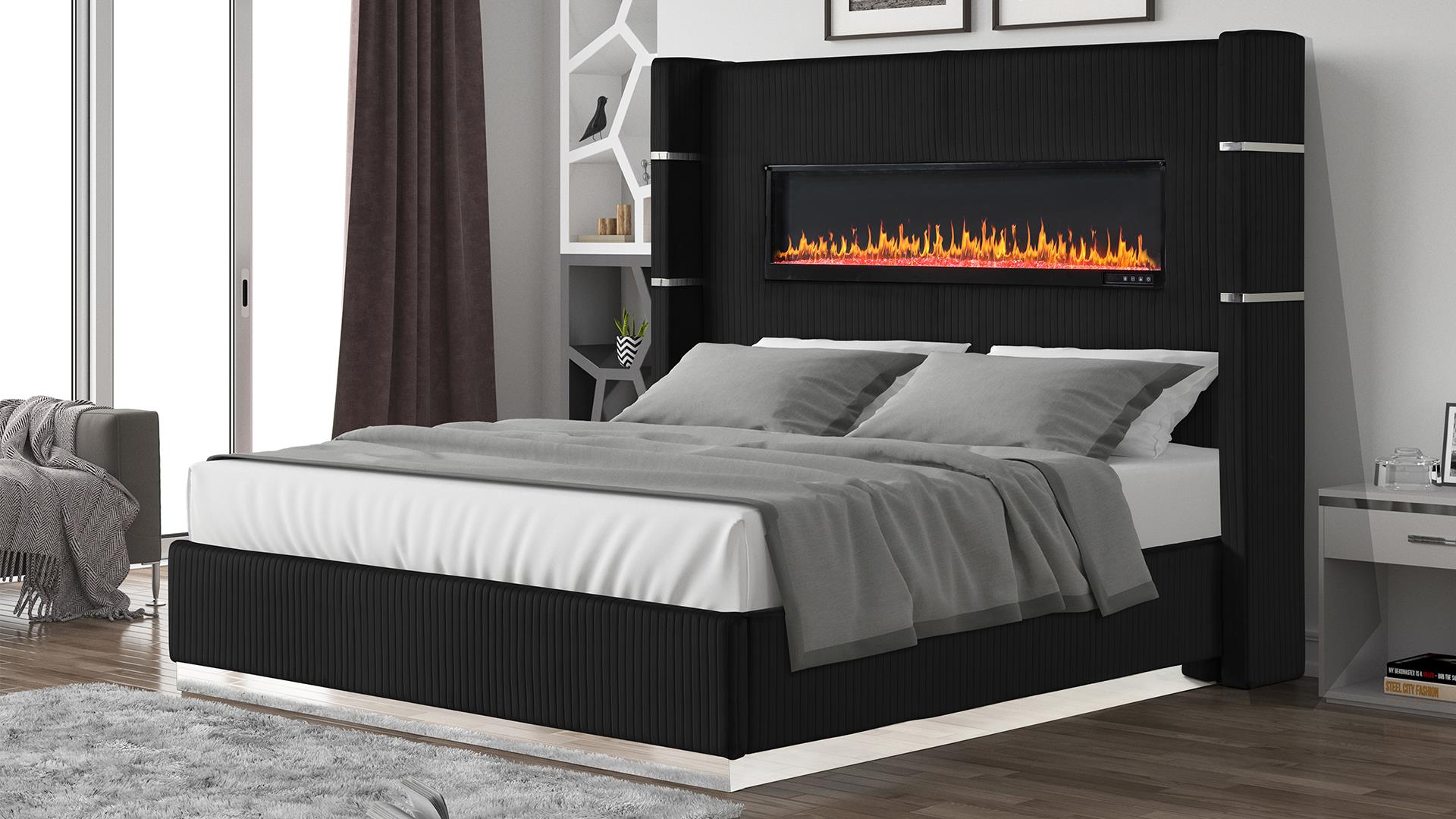 A electric fireplace bed with fake fire, it's black lined velvet like with a silver strip at the bottom and on the sides, set in a modern bedroom.