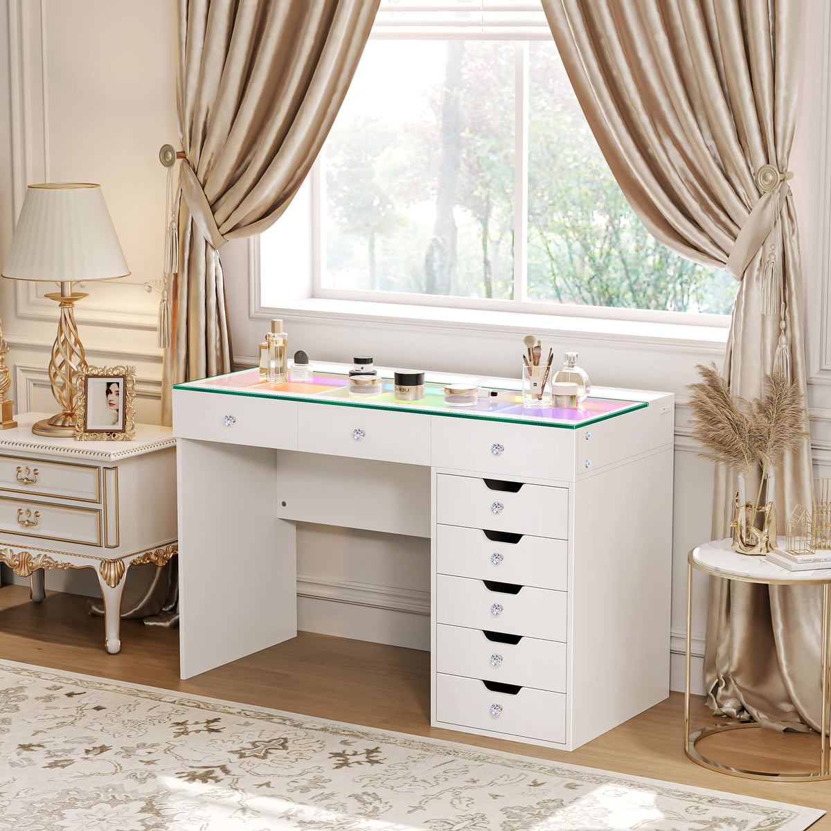 Vanitii Diana vanity desk pro with eight storage drawers and a glass top
