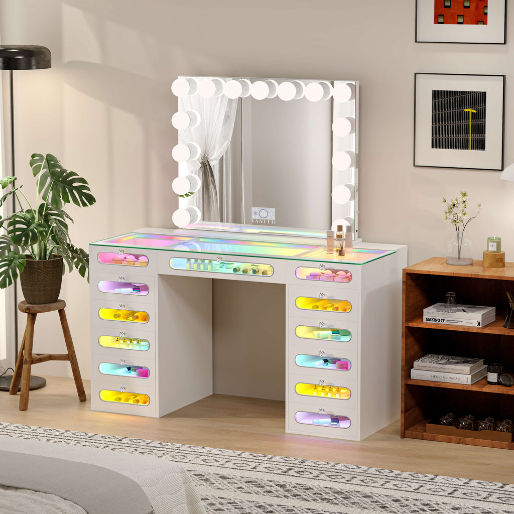 VANITII Priscilla Makeup Vanity Desk Set With 13 Drawers & 15 LED Bulbs Mirror