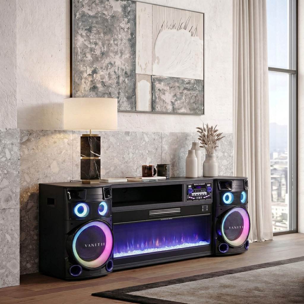 VANITII Smart Fireplace & Sound Station with Bluetooth Speakers & LED Lights