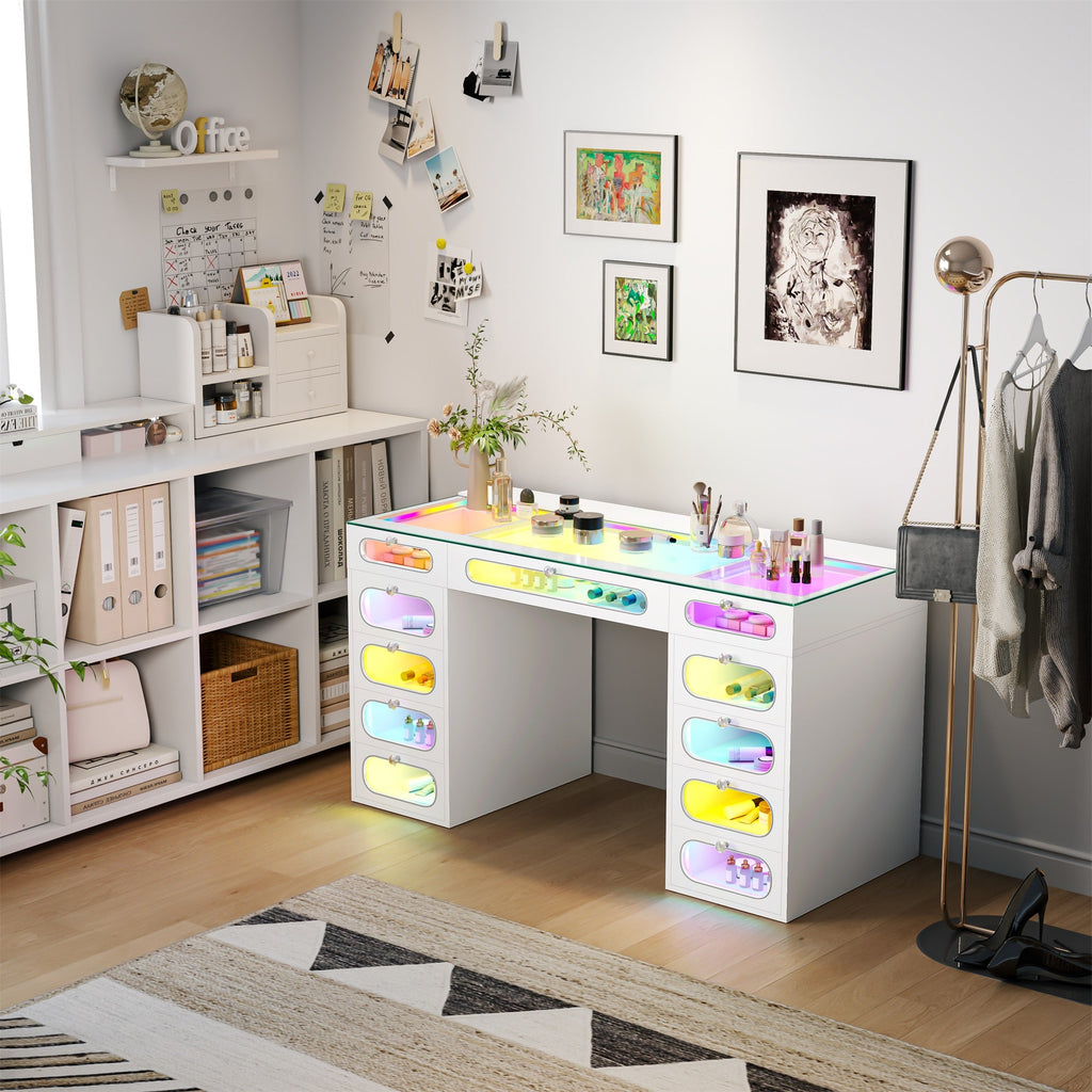 VANITII Priscilla Vanity Desk-11 Glass Fronted Drawers with Crystal Handles