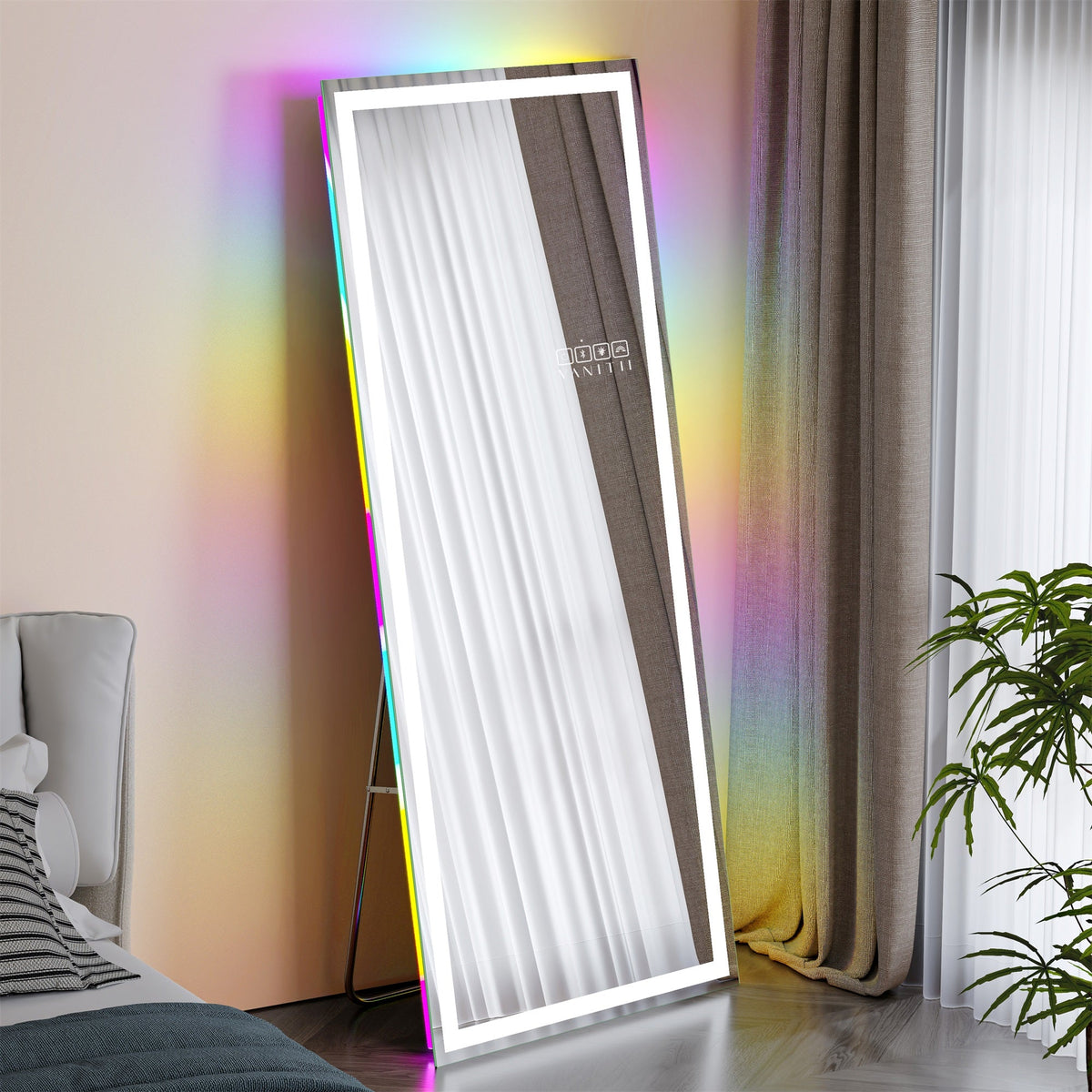 Vanitii luxury full length vanity mirror with integrated LED lighting and rainbow backlight in a bedroom