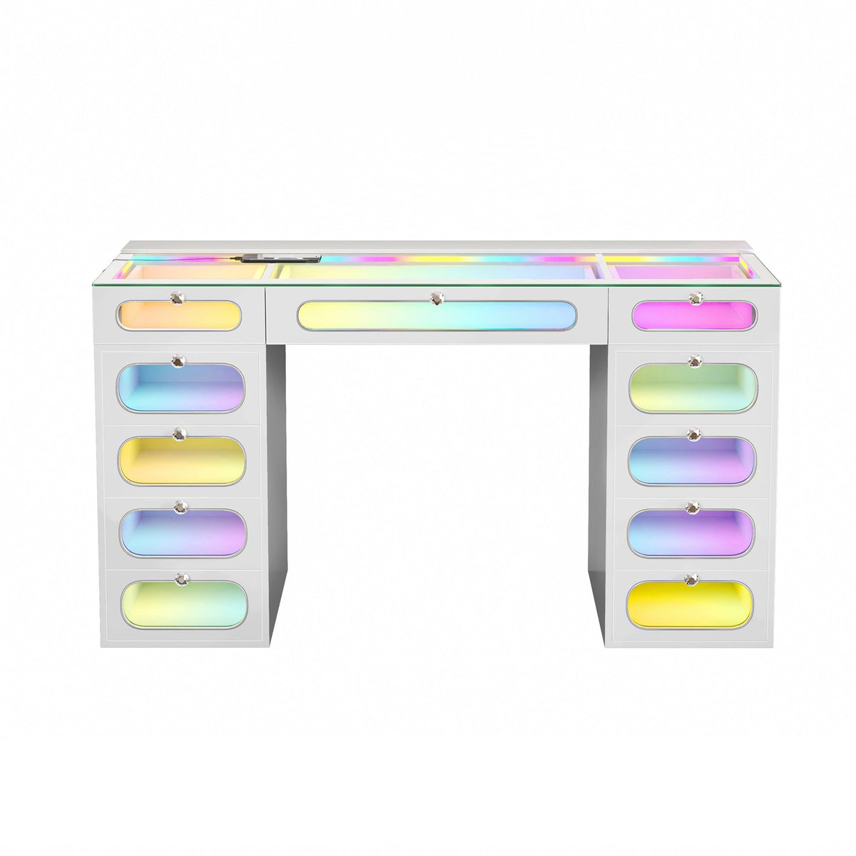 VANITII Priscilla Vanity Desk-11 Glass Fronted Drawers with Crystal Handles