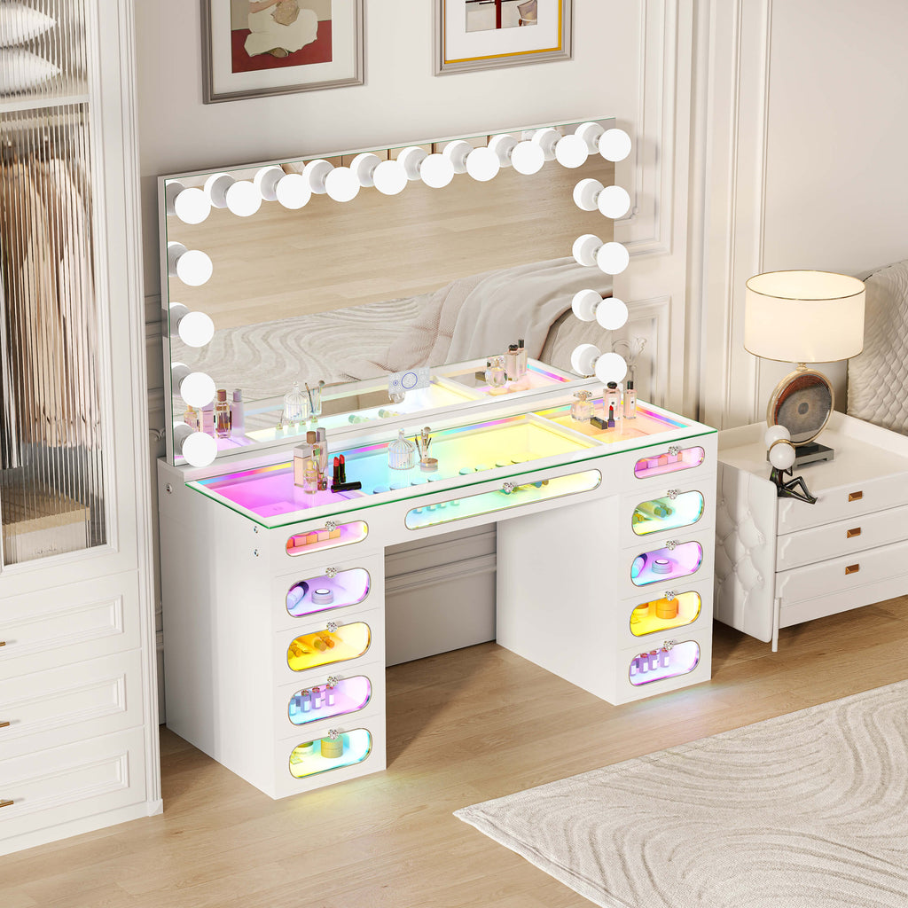 VANITII Priscilla Makeup Vanity Desk Set with 11 Drawers & 18 LED Bulbs Mirror