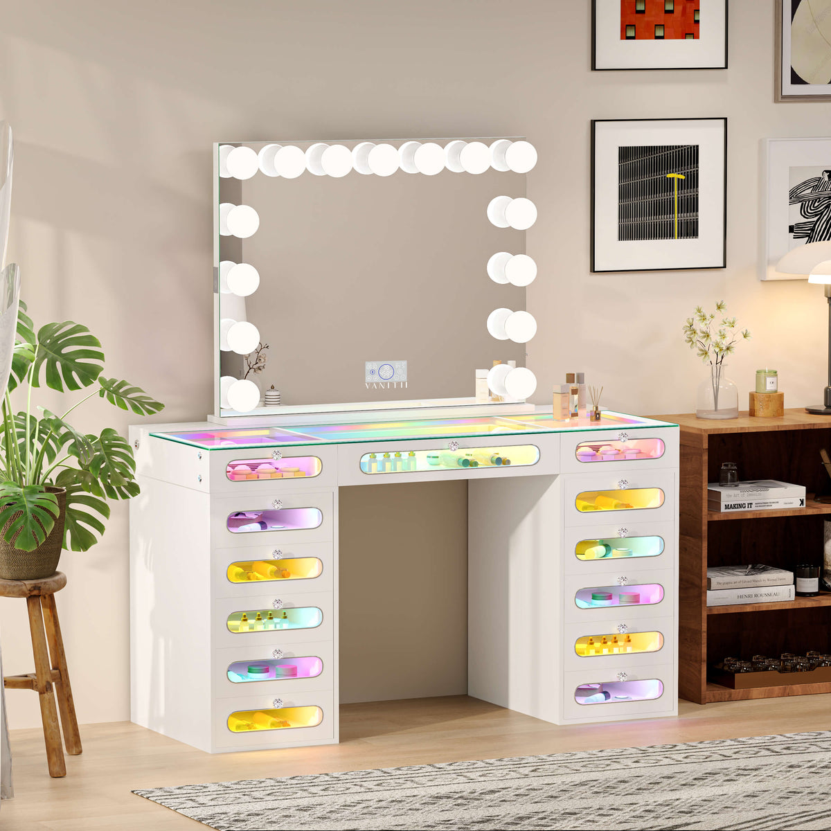 VANITII Priscilla Makeup Vanity Desk Set With 13 Drawers & 15 LED Bulbs Mirror