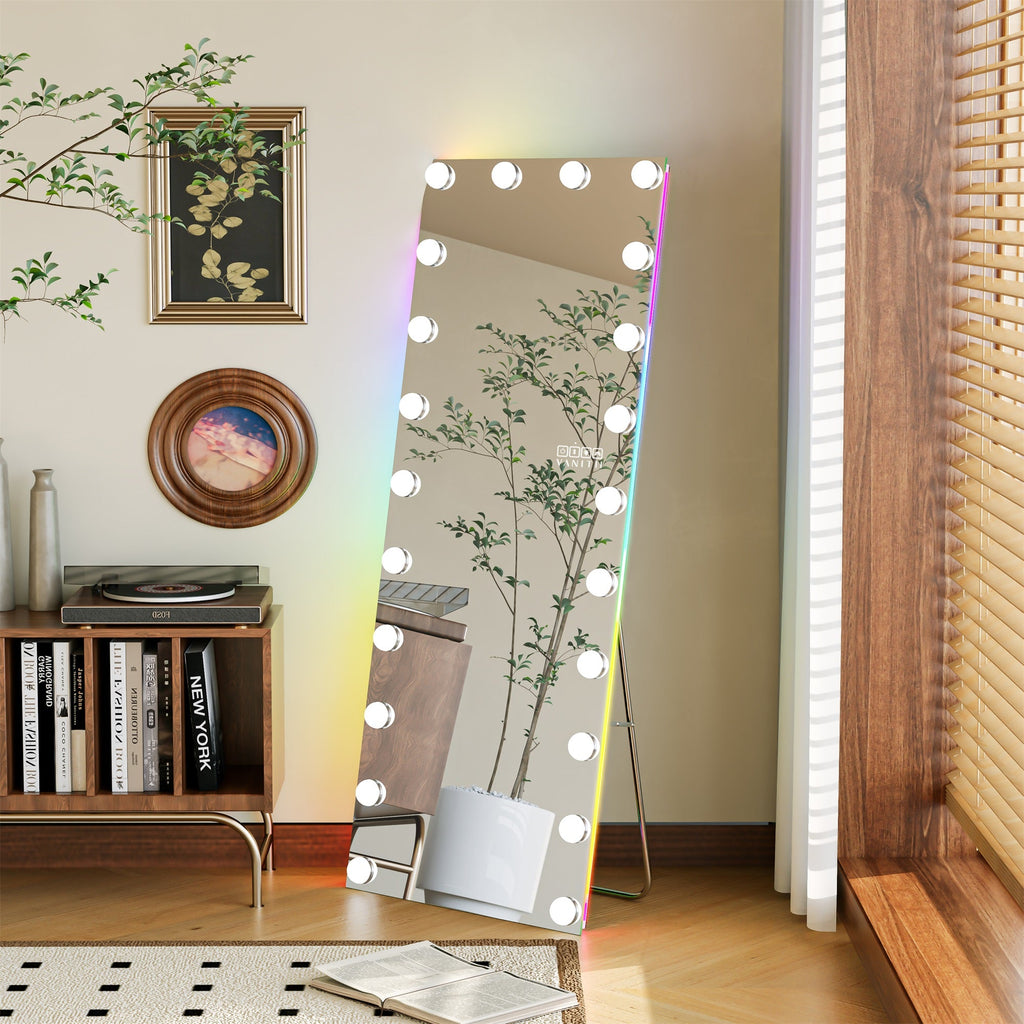 Vanitii full length Hollywood vanity mirror with LED lights and Bluetooth speaker in a living room