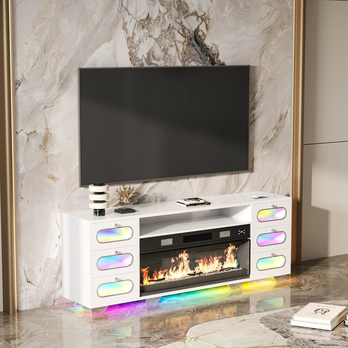 Fully assembled 71“ TV Stand with Fireplace