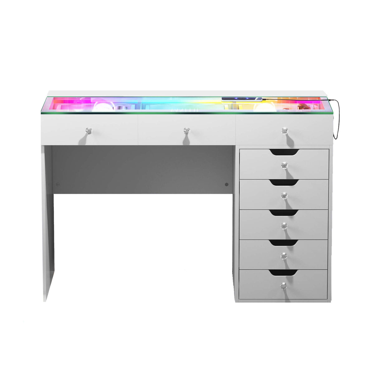 Vanitii Diana vanity desk with white finish and eight storage drawers featuring crystal style knobs