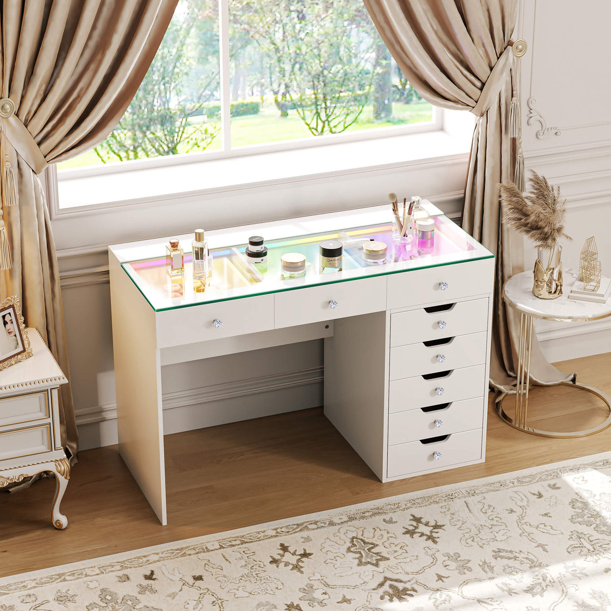 Vanitii Diana vanity desk with glass top and eight storage drawers in a bedroom setting