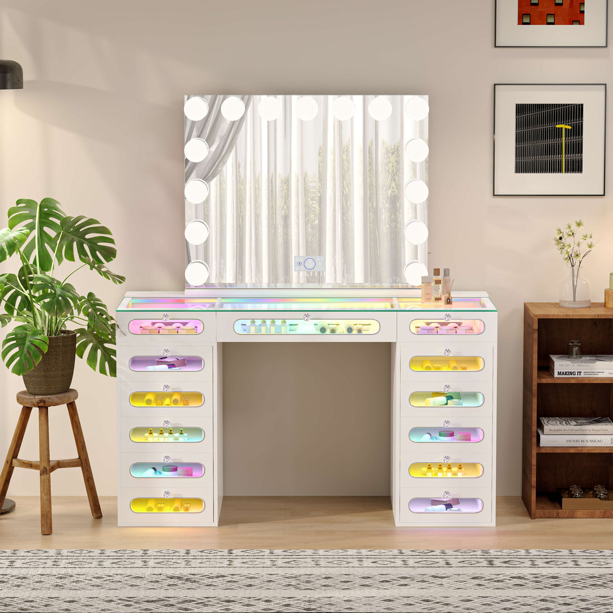 VANITII Priscilla Makeup Vanity Desk Set With 13 Drawers & 15 LED Bulbs Mirror