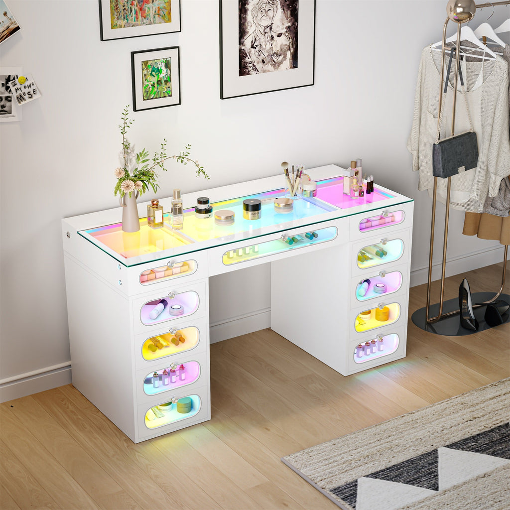 VANITII Priscilla Vanity Desk-11 Glass Fronted Drawers with Crystal Handles