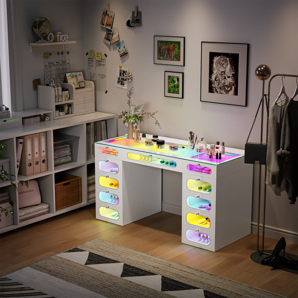 VANITII Priscilla Vanity Desk-11 Glass Fronted Drawers with Crystal Handles