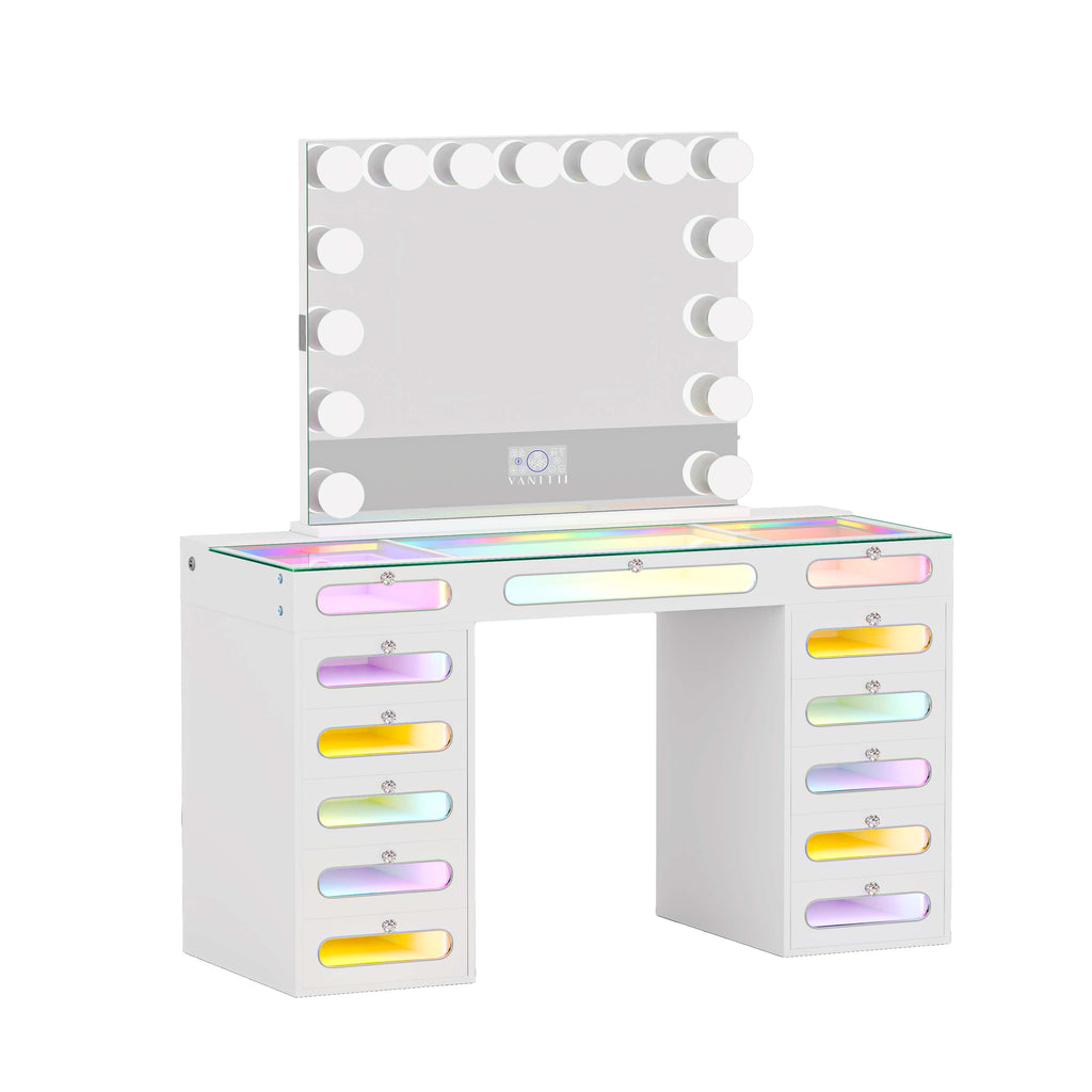VANITII Priscilla Makeup Vanity Desk Set With 13 Drawers & 15 LED Bulbs Mirror