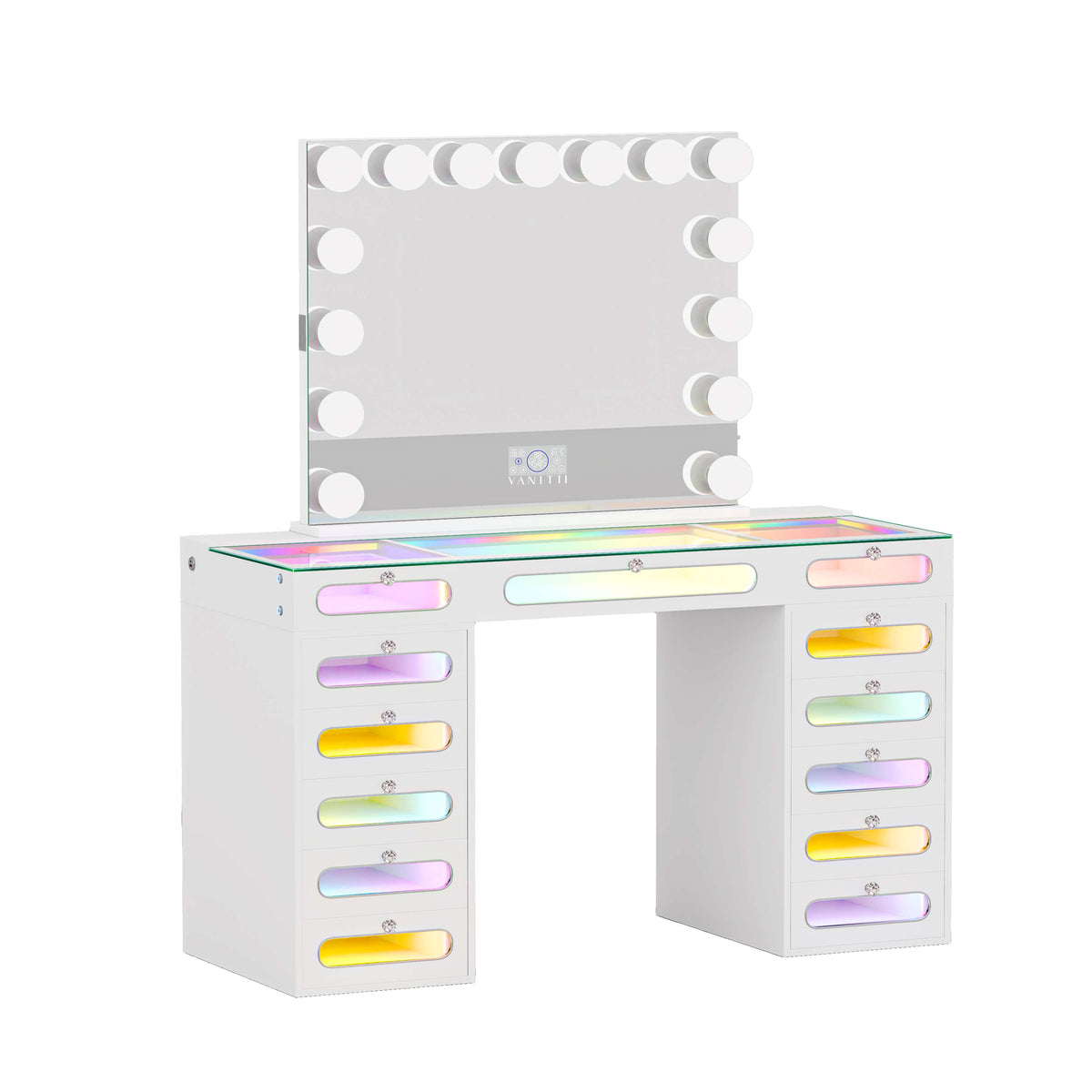 VANITII Priscilla Makeup Vanity Desk Set With 13 Drawers & 15 LED Bulbs Mirror