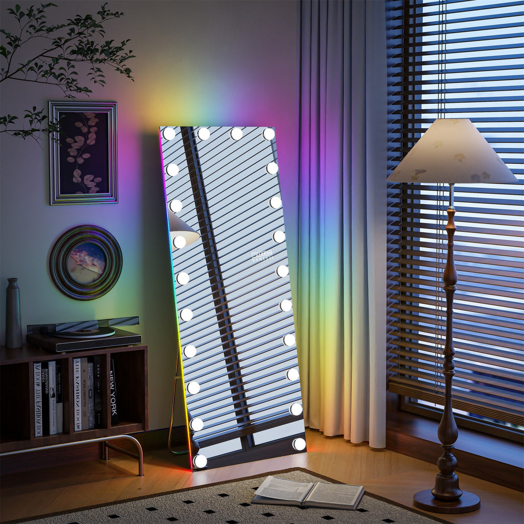 Vanitii full length Hollywood vanity mirror with LED bulbs and integrated Bluetooth speaker in a room