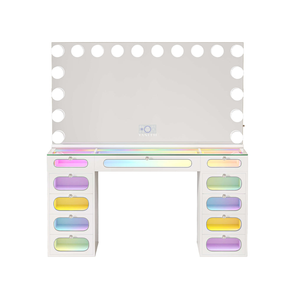 VANITII Priscilla Makeup Vanity Desk Set with 11 Drawers & 18 LED Bulbs Mirror