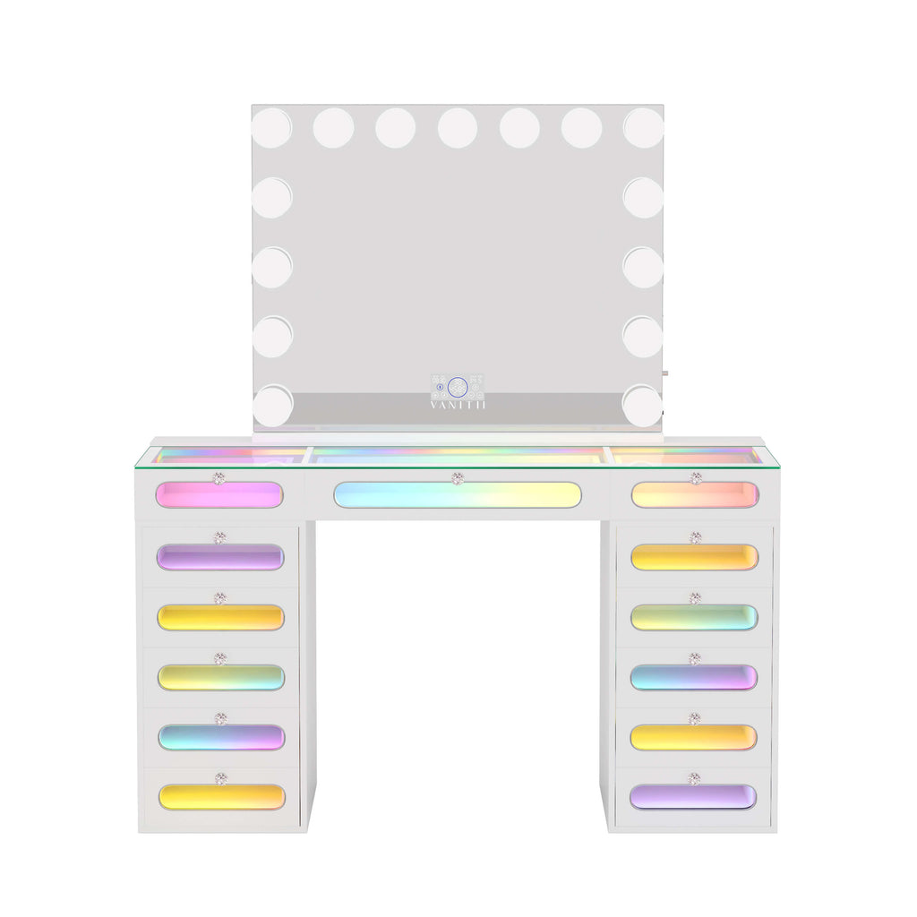 VANITII Priscilla Makeup Vanity Desk Set With 13 Drawers & 15 LED Bulbs Mirror