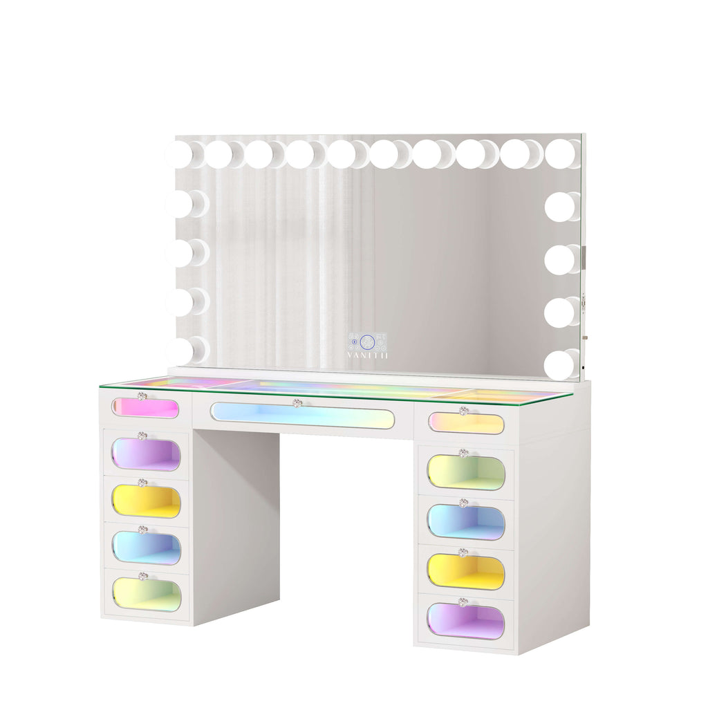 VANITII Priscilla Makeup Vanity Desk Set with 11 Drawers & 18 LED Bulbs Mirror