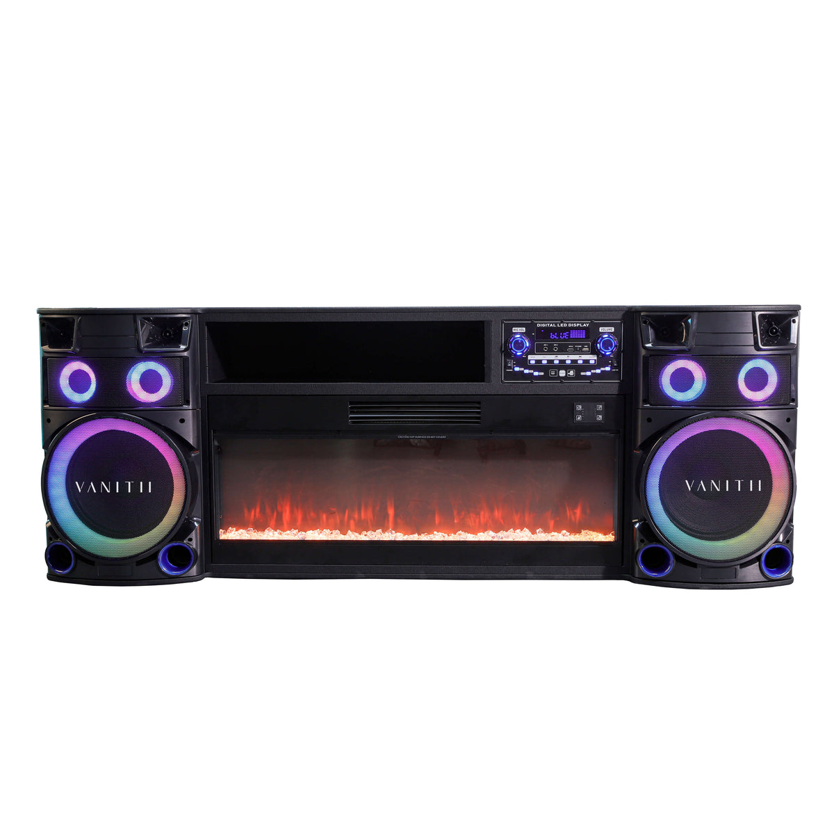 VANITII Smart Fireplace & Sound Station with Bluetooth Speakers & LED Lights