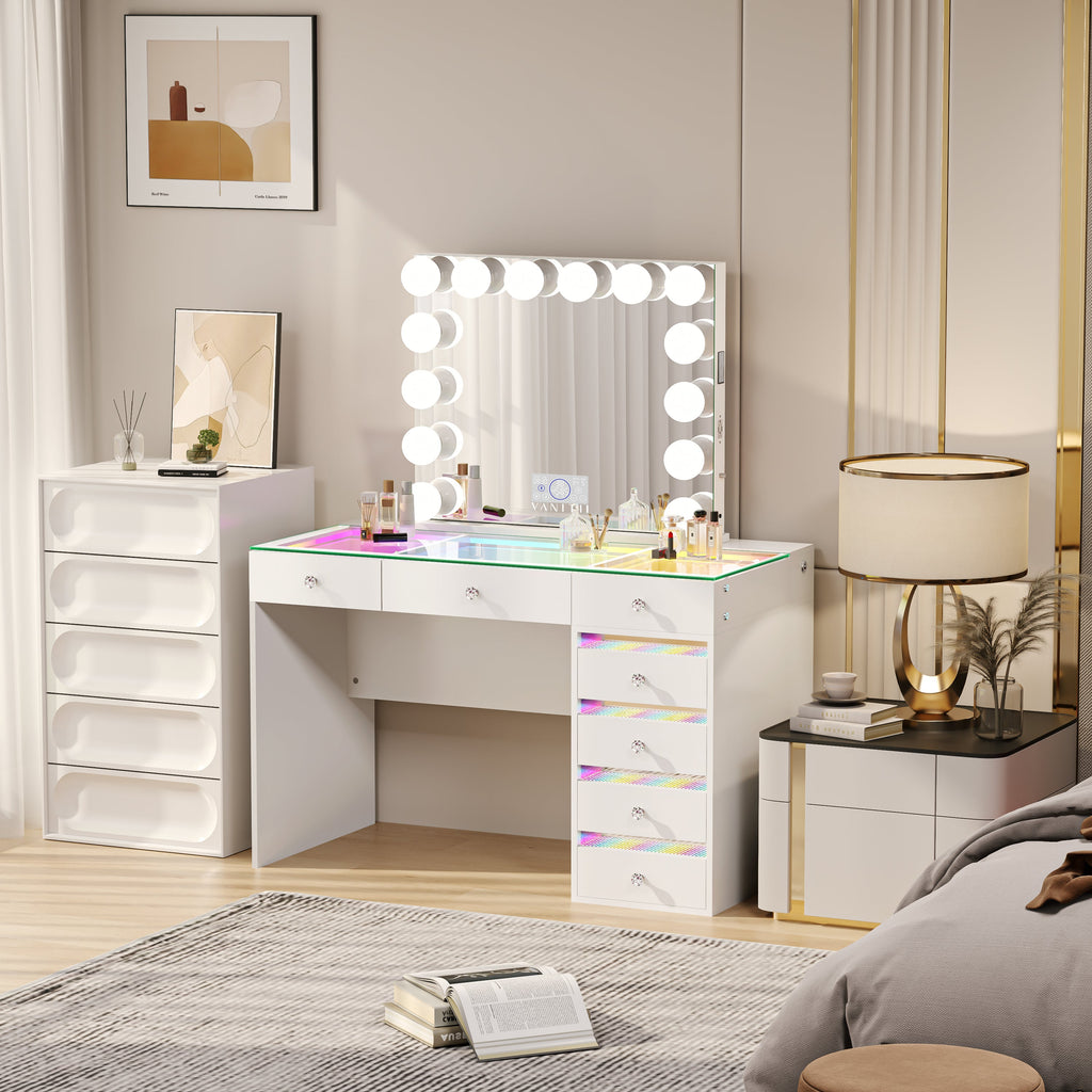 VANITII Fenair 7-Drawer Vanity Set with 14 Bulbs Hollywood Mirror