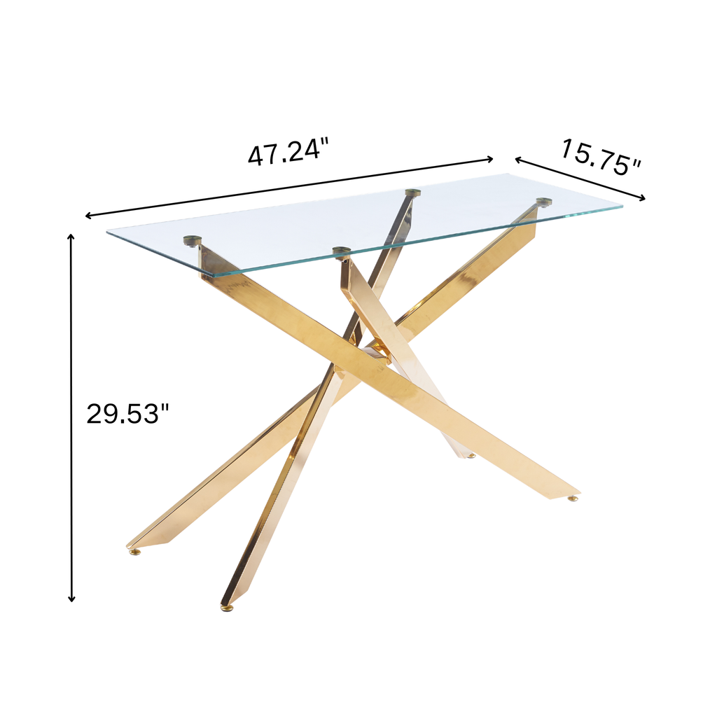 47.24" Modern Console Table, 8MM Clear Tempered Glass Top with Chrome Crossed Metal Base, Easy to Clean