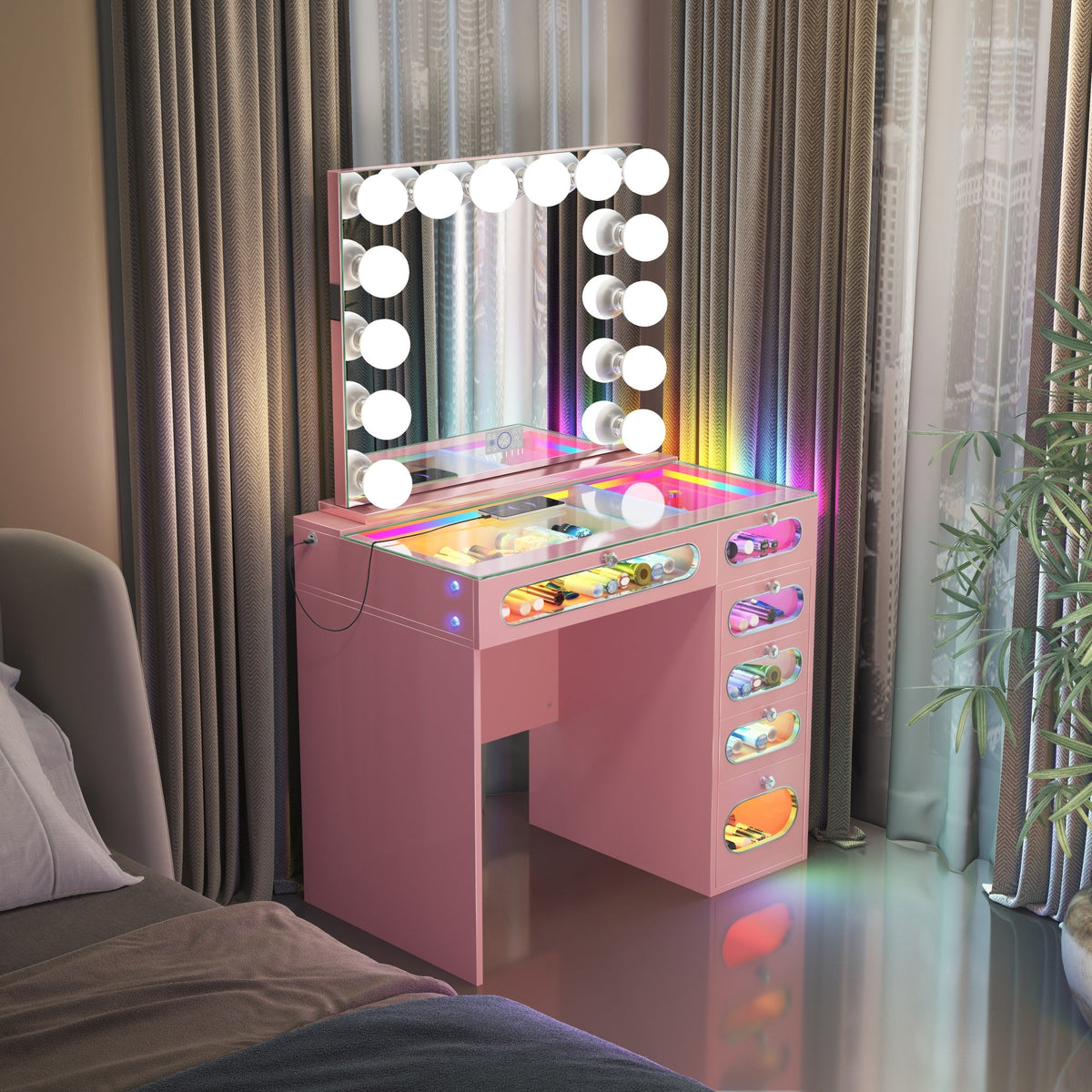 VANITII 6 Glass Fronted Drawers Vanity Desk with Marilyn Vanity Mirror