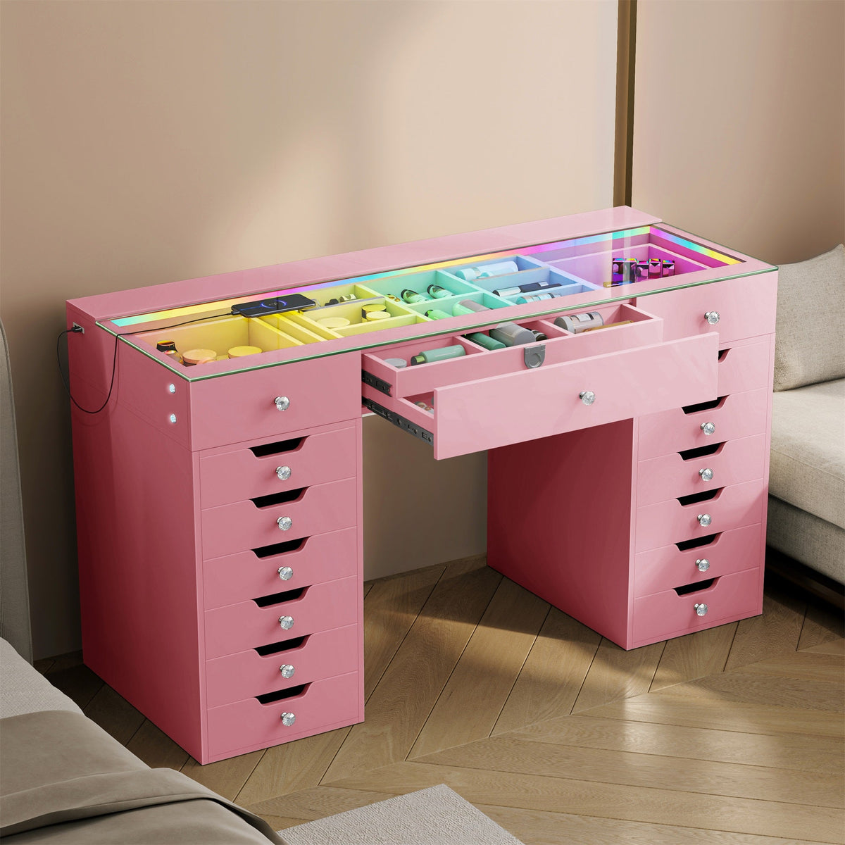 Vanitii Lisa Vanity Desk Pro in pink with glass top and organized storage drawers