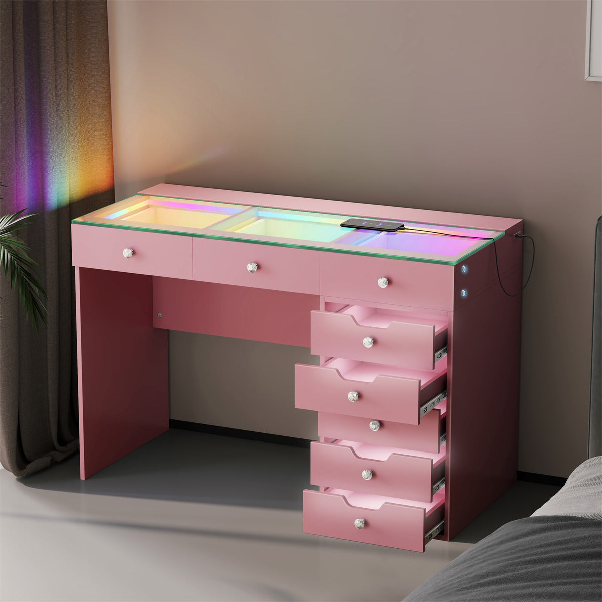 Vanitii Diana pink vanity desk with glass top RGB lighting and eight storage drawers