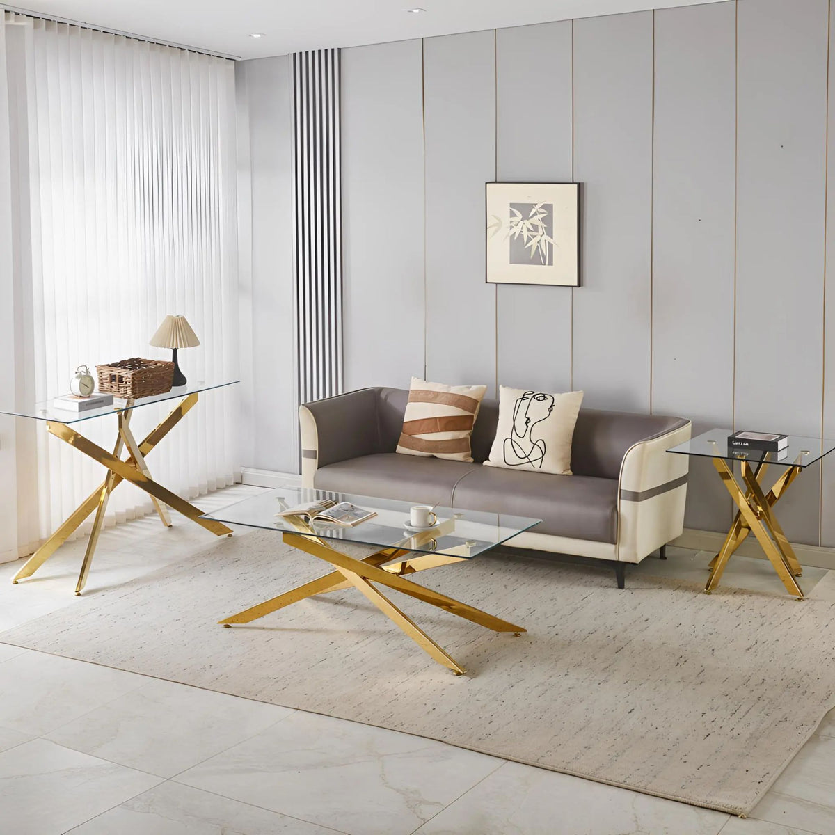 47.24" Modern Console Table, 8MM Clear Tempered Glass Top with Chrome Crossed Metal Base, Easy to Clean
