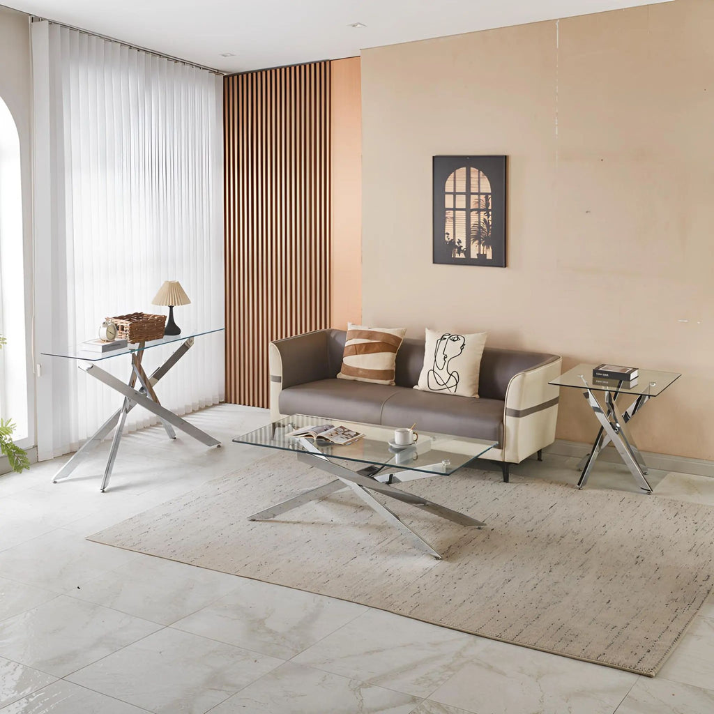 23.62" Modern End Table, 8MM Clear Tempered Glass Top with Golden Crossed Metal Base, Easy to Clean