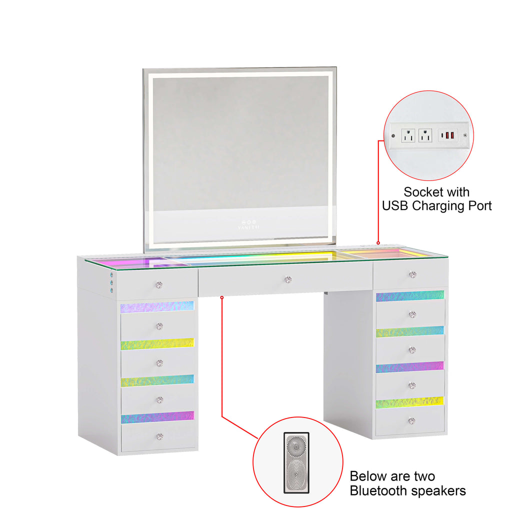 VANITII Luna Vanity RGB Table Set With Bluetooth Speaker & Hana Mirror