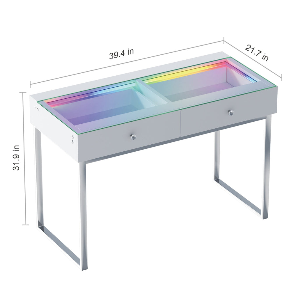 Vanitii Alice RGB vanity desk with two drawers and glass top showing dimensions 39.4 by 21.7 by 31.9 inches