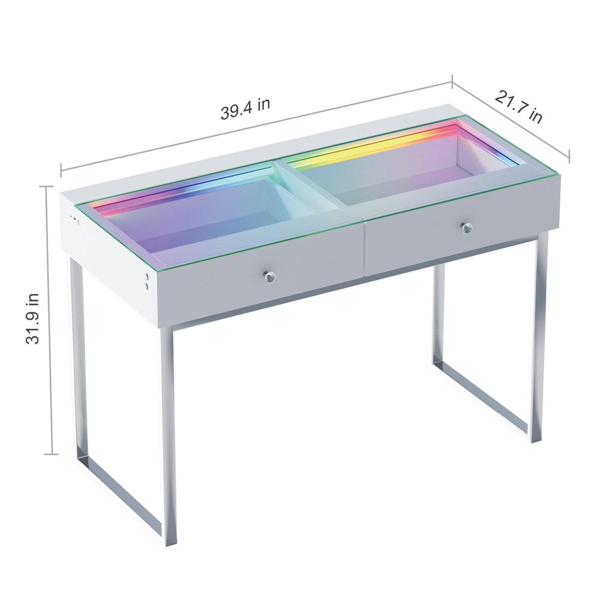 Vanitii Alice RGB vanity desk with two drawers and glass top showing dimensions 39.4 by 21.7 by 31.9 inches