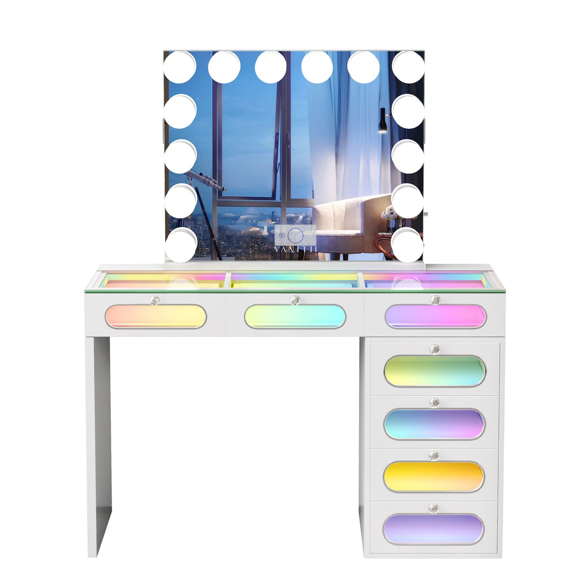 VANITII 7 Glass Fronted Drawers with Hollywood Vanity Mirror