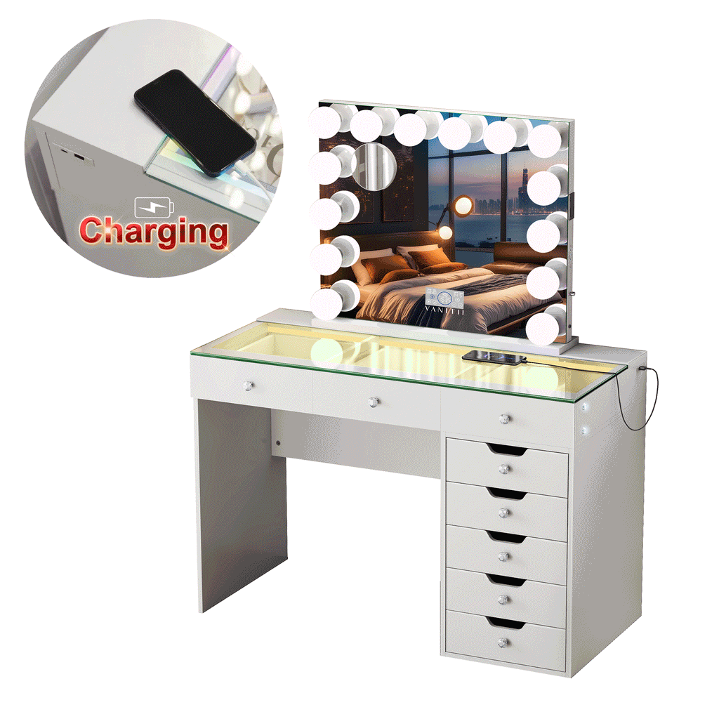 VANITII Diana Vanity Desk Set- 8 Storage Drawers with Vanity Mirror