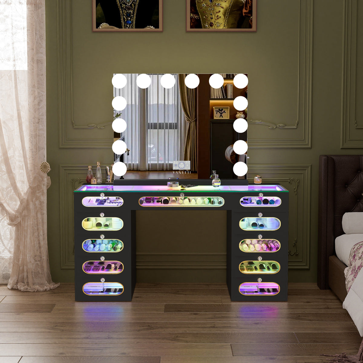 VANITII Priscilla Vanity Desk-11 Glass Fronted Drawers Vanity Set