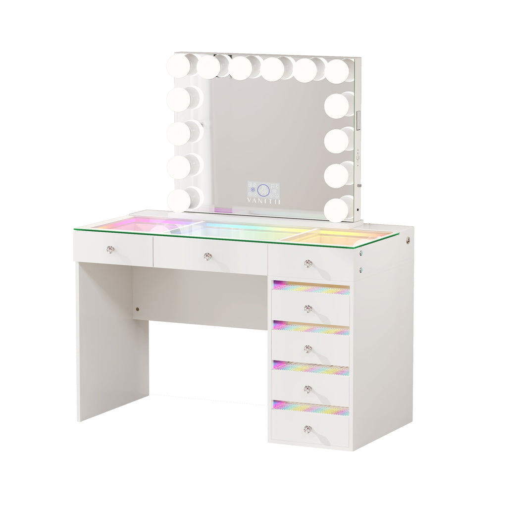 VANITII Fenair 7-Drawer Vanity Set with 14 Bulbs Hollywood Mirror