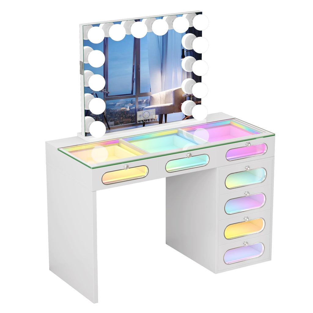 VANITII 7 Glass Fronted Drawers with Hollywood Vanity Mirror