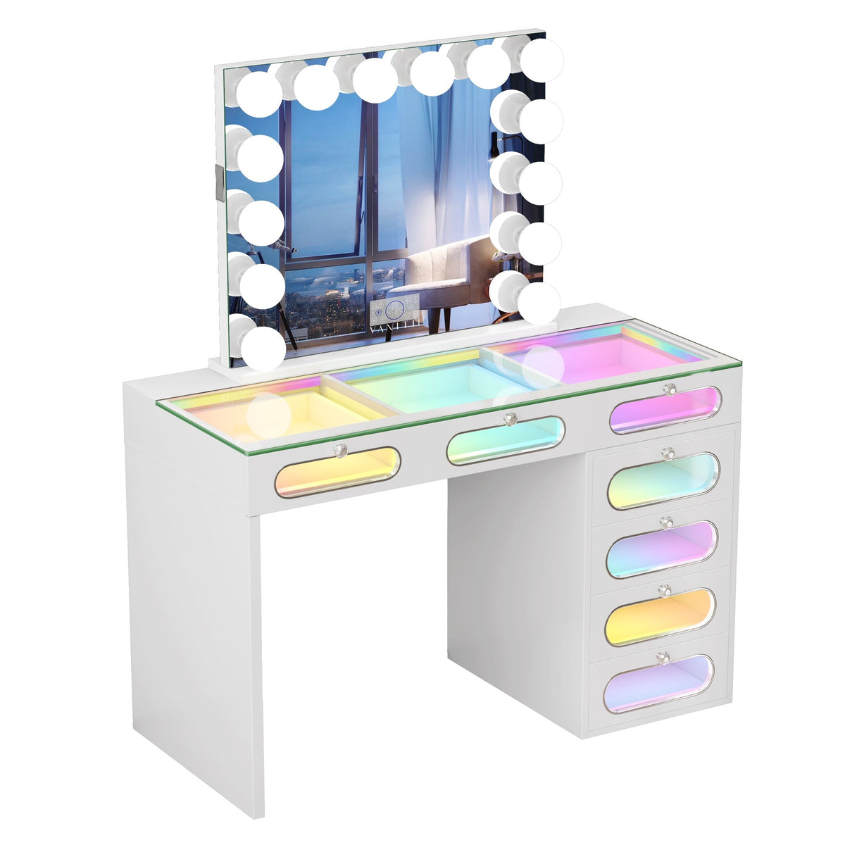 VANITII 7 Glass Fronted Drawers with Hollywood Vanity Mirror