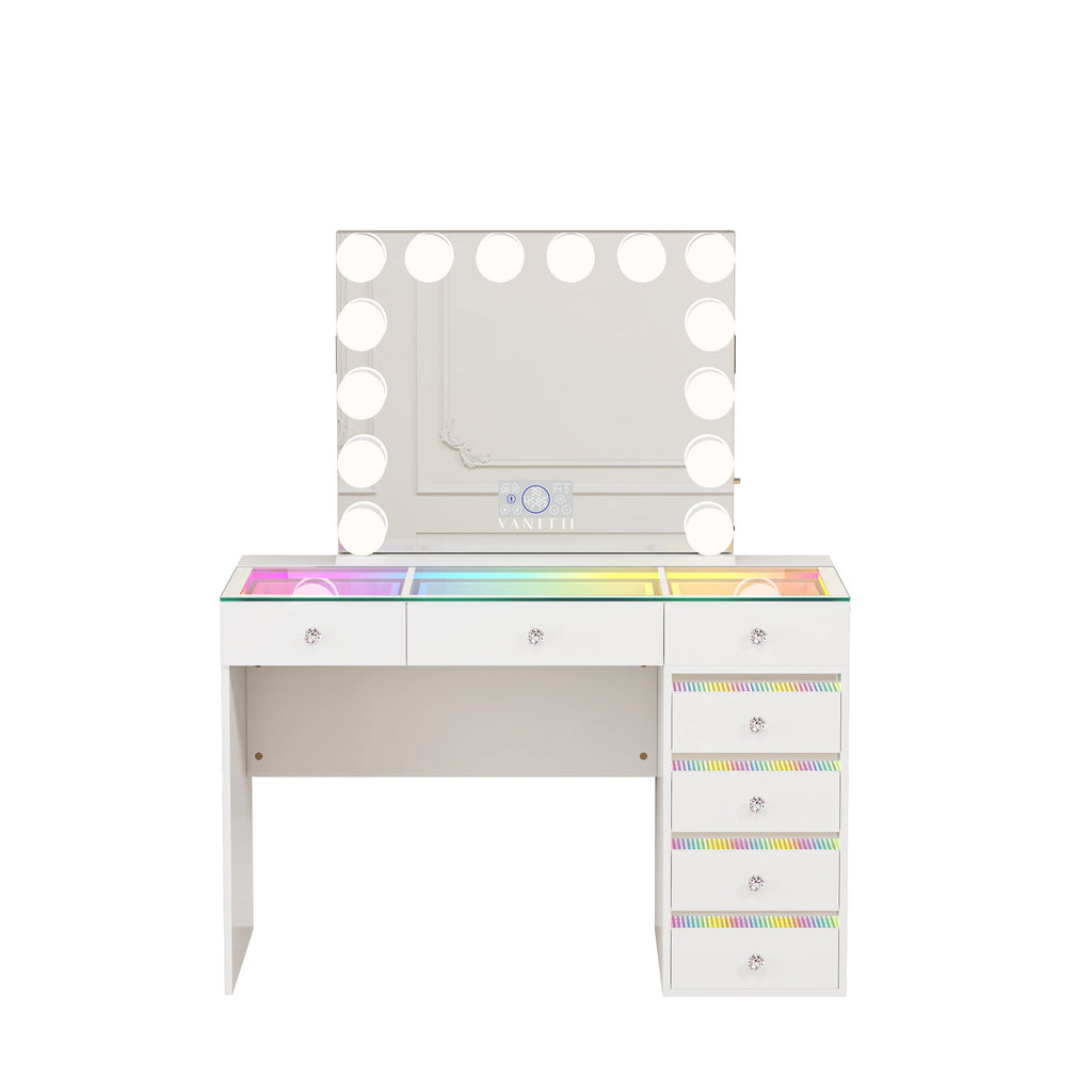 VANITII Fenair 7-Drawer Vanity Set with 14 Bulbs Hollywood Mirror