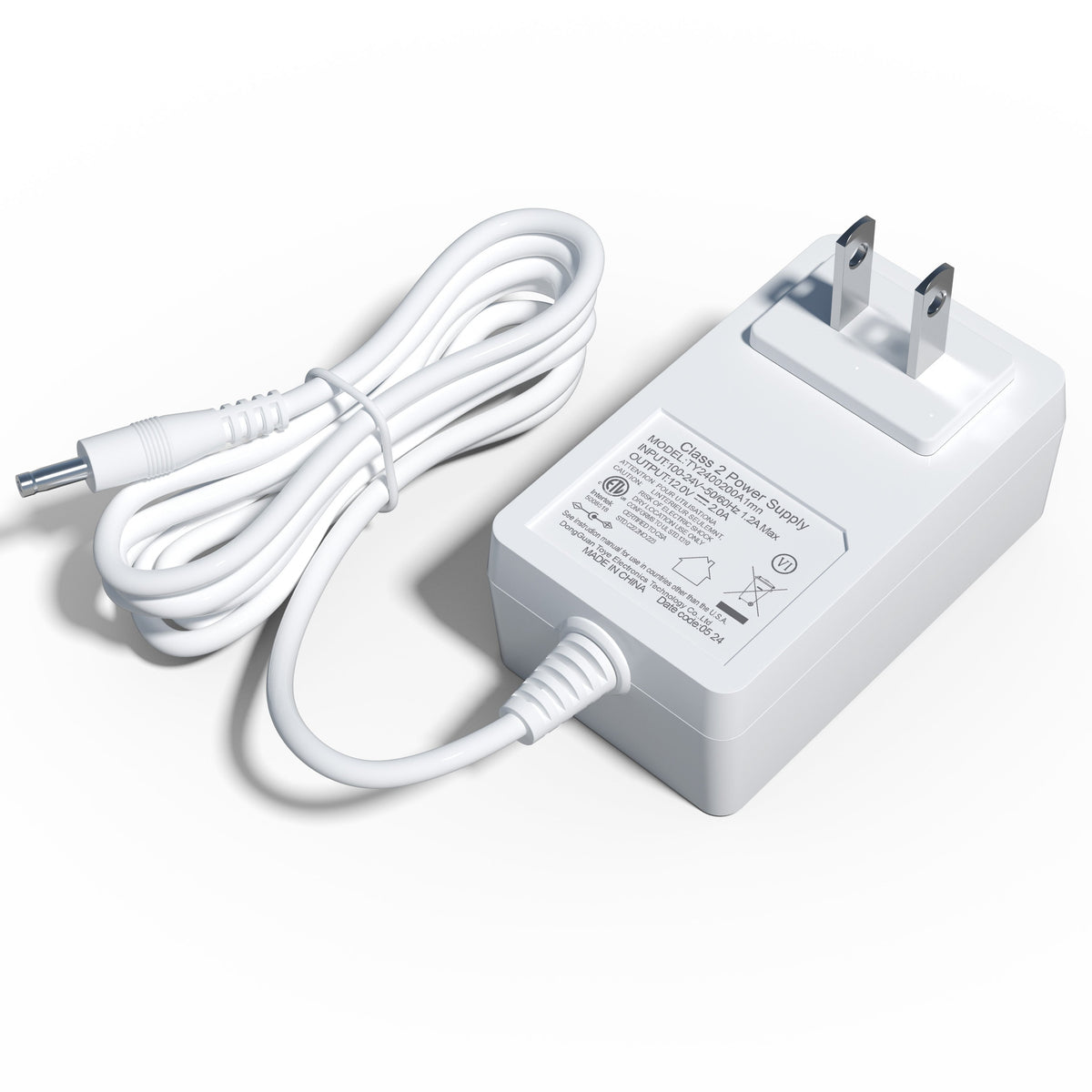 White Vanitii power adapter with coiled cable and two prong plug