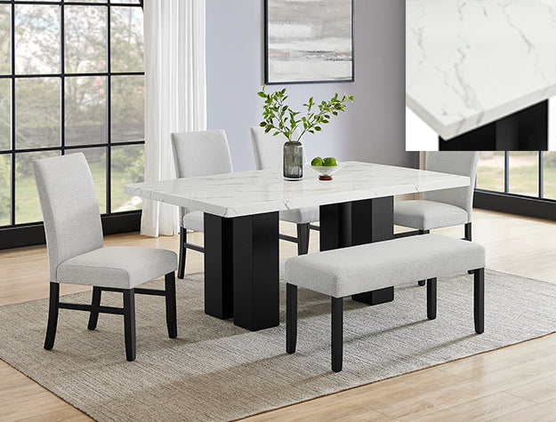 Dining room set with marble table, chairs, and bench in a modern home setting.