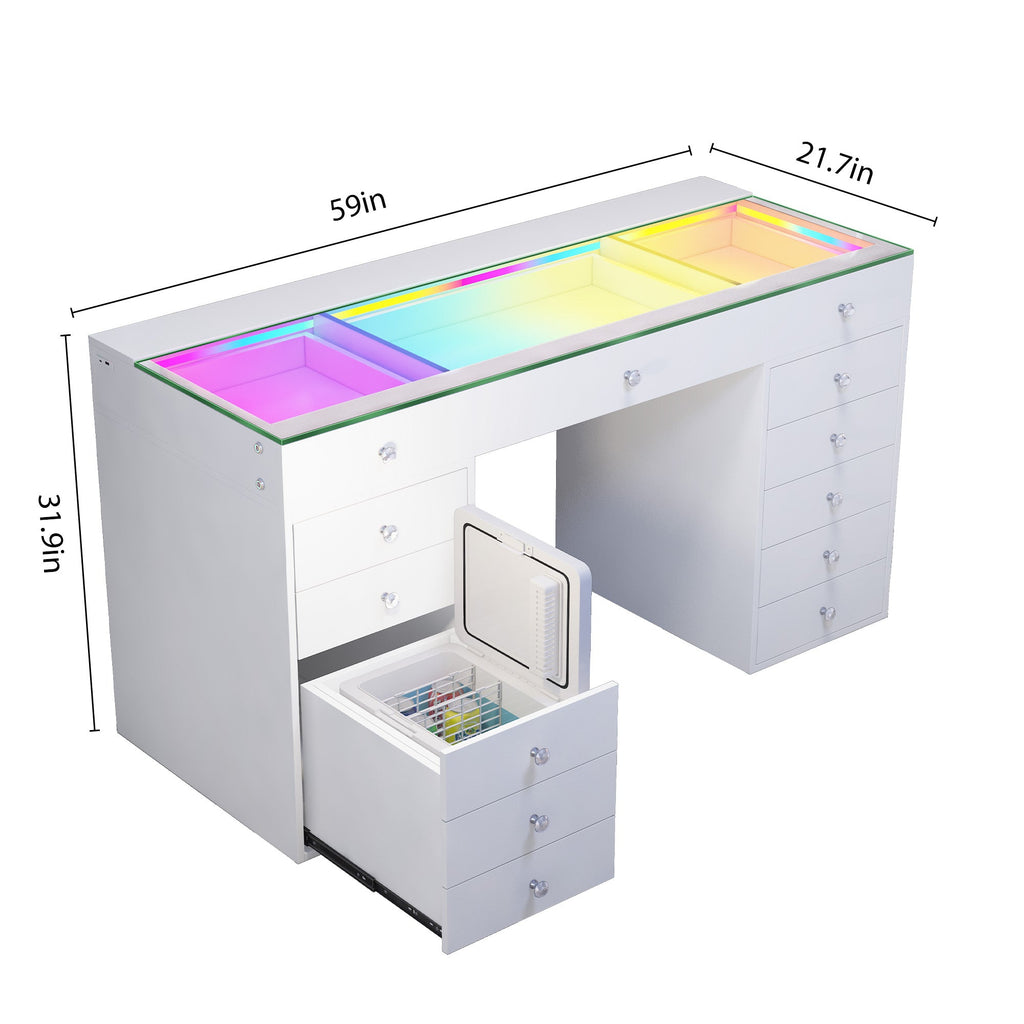 VANITII Vanity Desk with Fridge & 10 Storege Drawers
