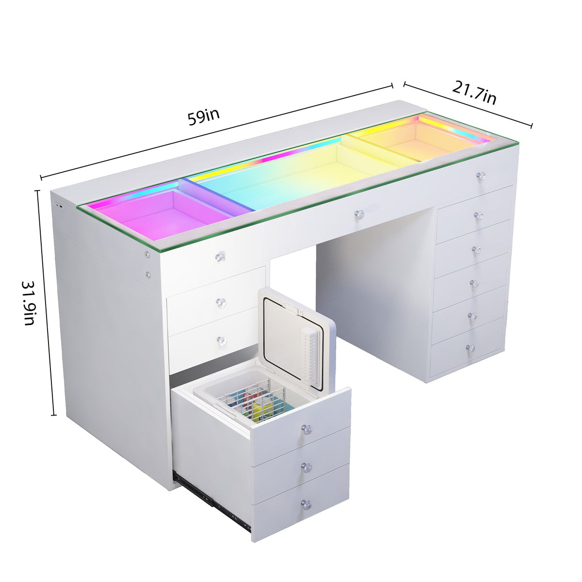 VANITII Vanity Desk with Fridge & 10 Storege Drawers