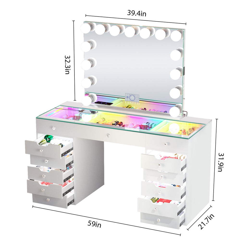 VANITII Eva-RGB Vanity Desk Set 13 Storage Drawers & 15 Bulbs Light Mirror