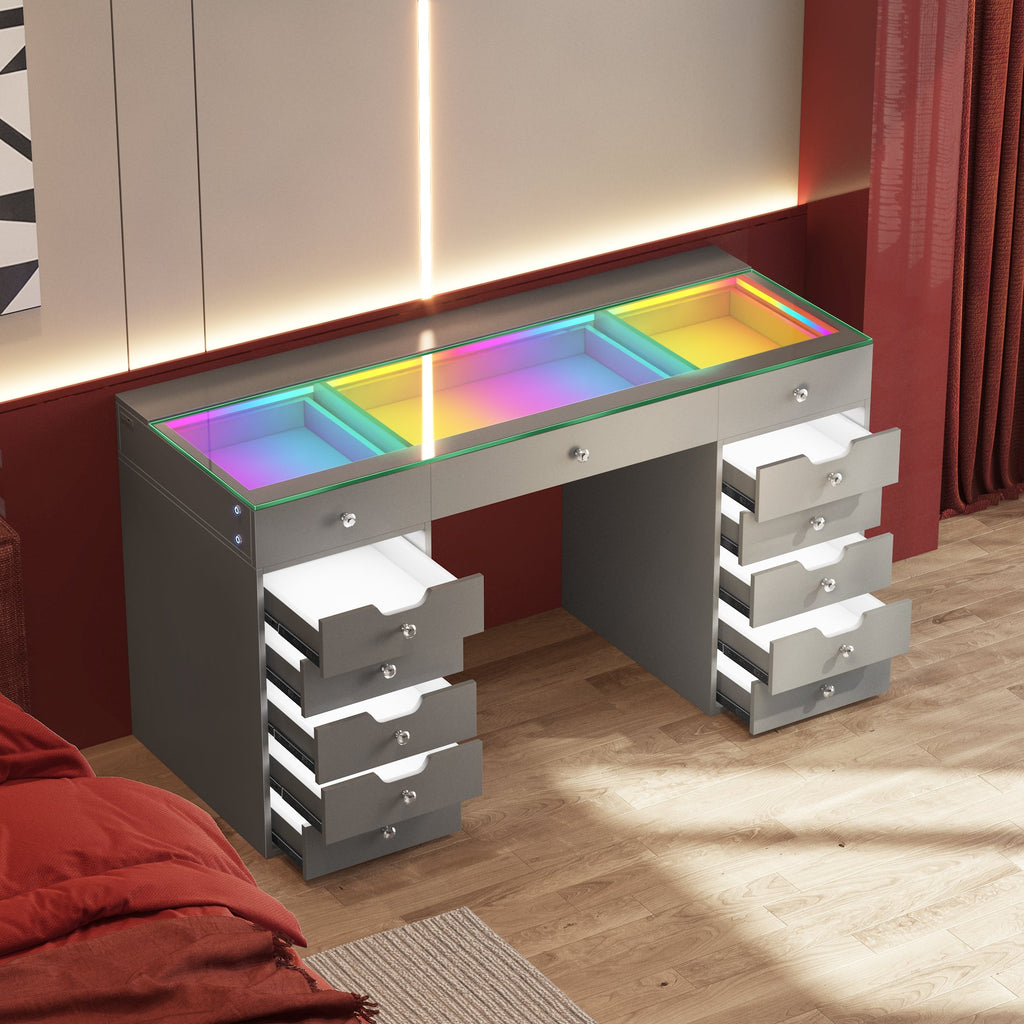 Vanitii Eva vanity desk with thirteen storage drawers and integrated RGB glass top lighting