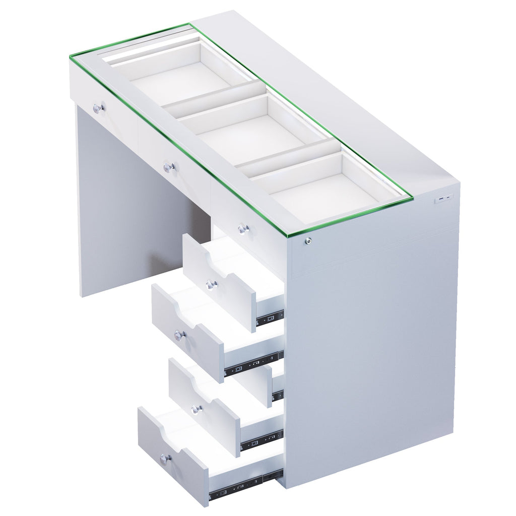 Vanitii Diana vanity desk with glass top and four open storage drawers