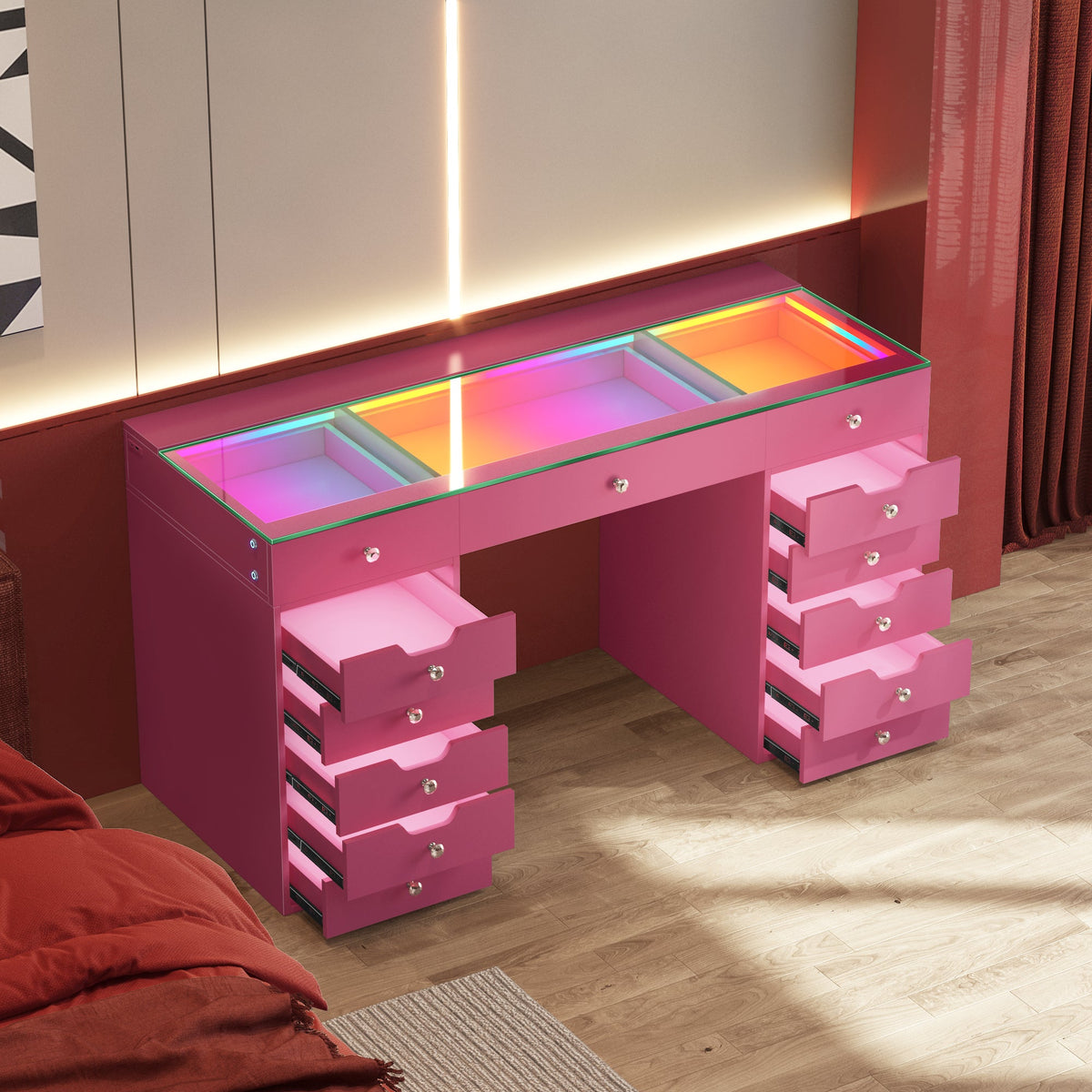 Vanitii Eva vanity desk in pink with thirteen storage drawers and integrated RGB glass top lighting